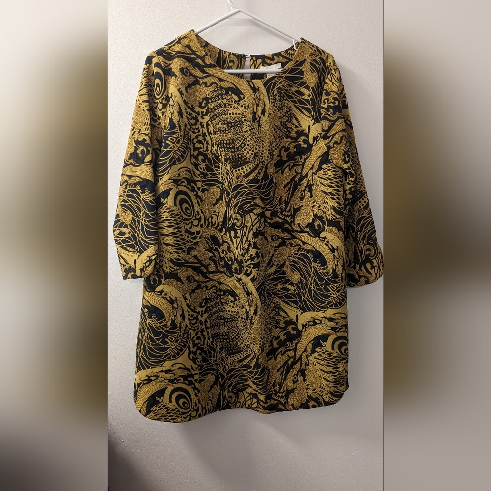 H&M dress size 12 rich print yellow gold black like new condition